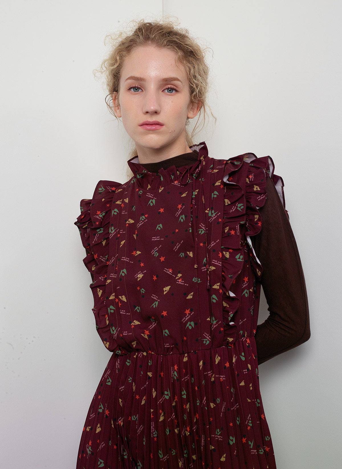 printed pleats dress (burgundy)